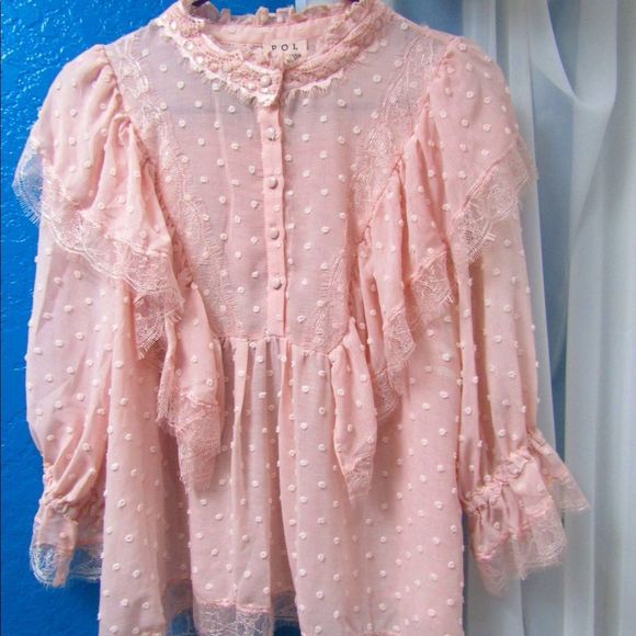 Swiss dot pink ruffle blouse with front buttons and lace detail - Picture 1 of 13